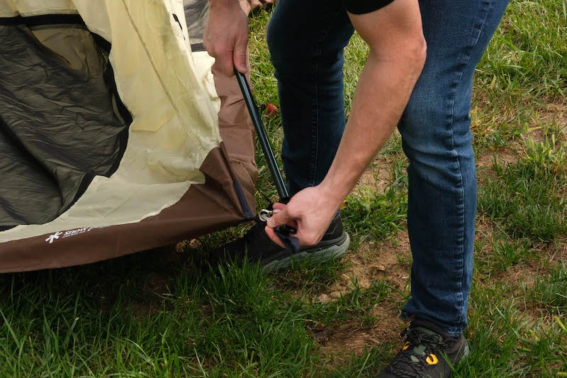 Snow Peak Alpha Breeze tent stakes in ground
