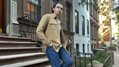 Toad and Co Review Model Wearing ToadCo Moonwake Shirt Jacket While Walking Out of Apartment