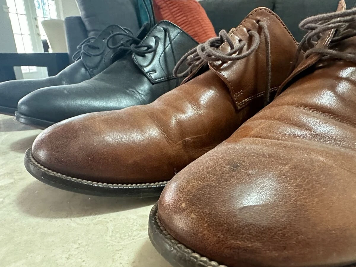 Brown leather shoe toe closeup