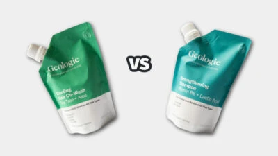 Co Wash vs Shampoo Geologie Cooling Hair Co Wash next to Strengthening Shampoo
