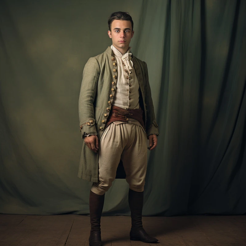18th century man wearing loose fitting slacks