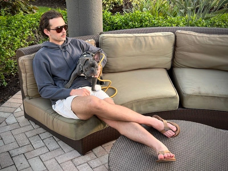 The Adult Man TexTale FRESH Rain Repel Hoodie Sitting with Dog 800px 1