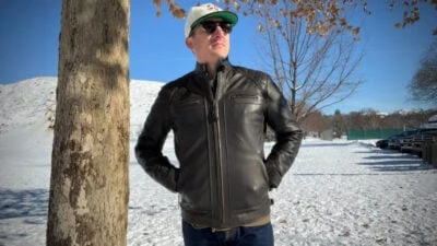 Model Wearing Angel Jackets Distressed Cafe Racer Leather Jacket