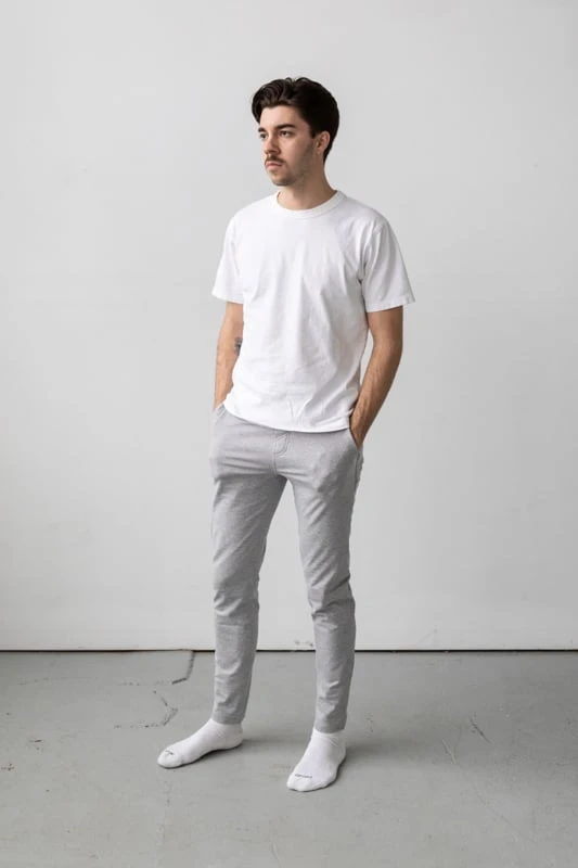Vuori Coronado Pant model wearing with white tee