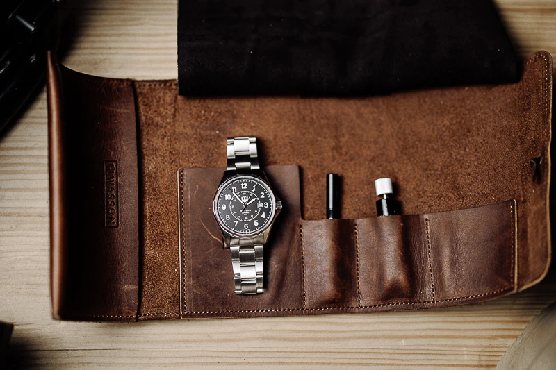 Wasson watch in leather carrying case