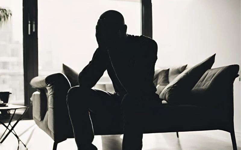 Photograph of the silhouette of a man sat with his head in his hands