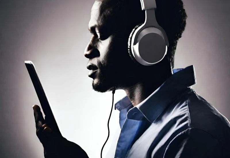 Profile silhouette of a man listending using over ear headphones 1