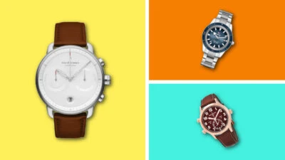 Selection of 42mm Watches Nordgreen Pioneer Rado Captain Cook Patek Pilot Travel Time on Colorful Background