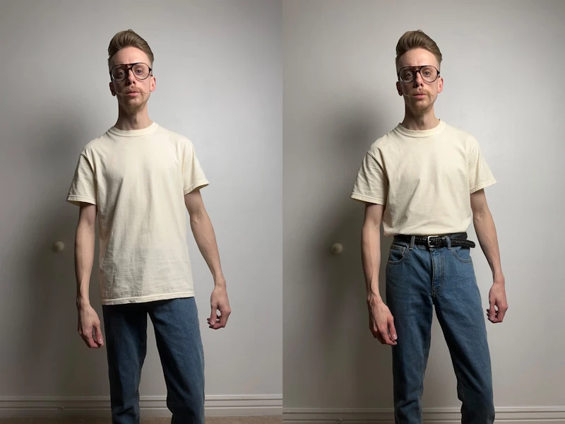 Side-by-side photos of a man in a plain shirt: one tucked in, one untucked, demonstrating style variations