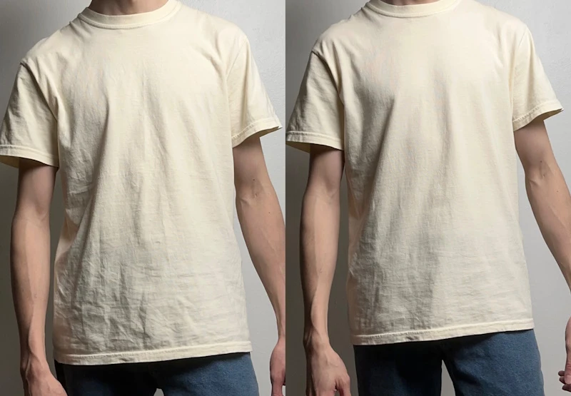 A side-by-side shot of a male model wearing a plain beige shirt