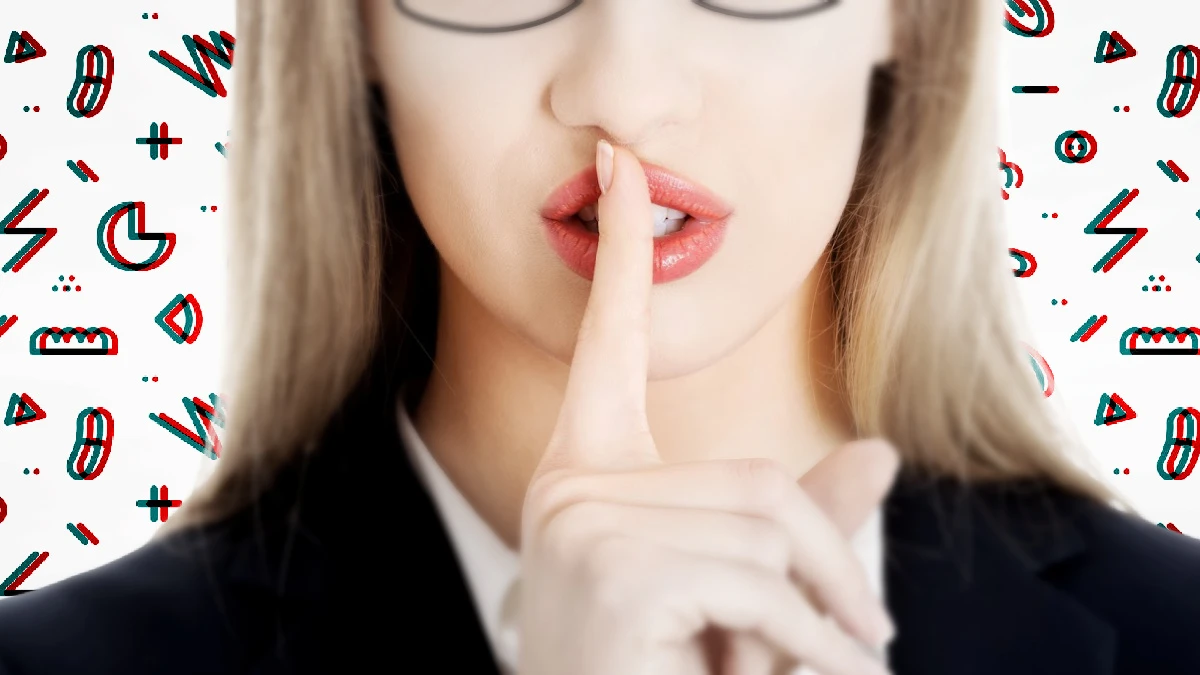 Attractive business woman doing silence sign on abstract background