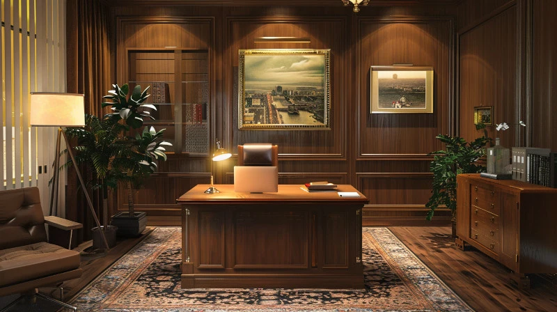 Mad Men style masculine home office minimalist with rug and two paintings on the wall