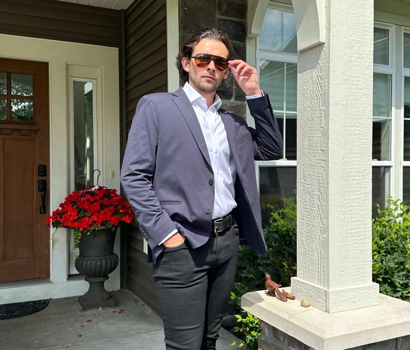 Model wearing Twillory Performance Blazer