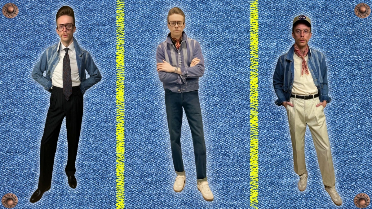 The Adult Man How To Wear Denim Jackets in Any Outfit Model Wearing Denim Jacket in Different Outfits Over Denim Fabric and Rivets