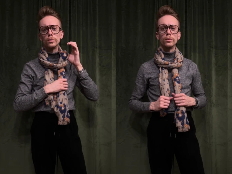 model draping a scarf around the neck