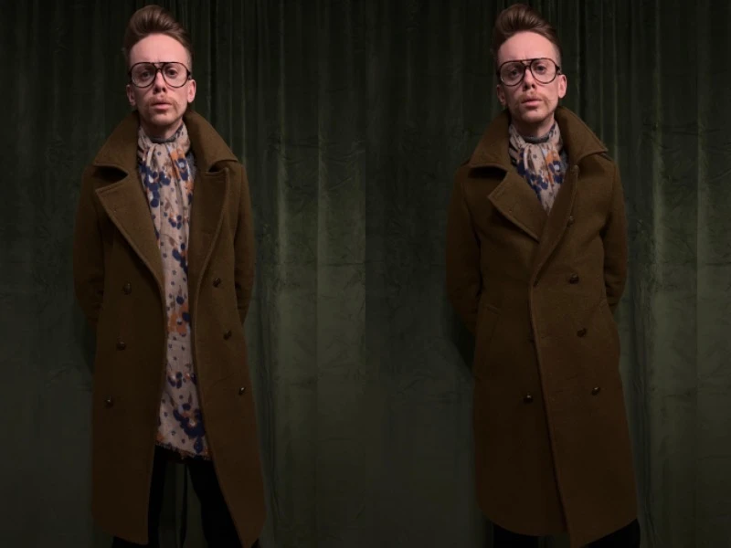 model wearing glasses and a brown coat
