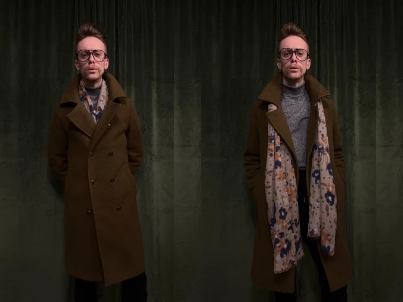 pictures of model wearing glasses and a coat with a scarf