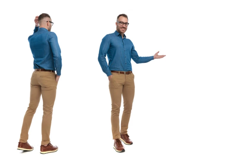 A Phot of Different Angles of Model Wearing Blue Buttoned Down Shirt and Cream Pants