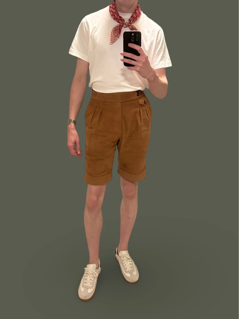 Close up of Model Wearing White T shirt and Brown Shorts