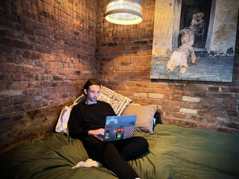 The Adult Man Cozy Earth Bamboo Jogger Set Working in Bed 800