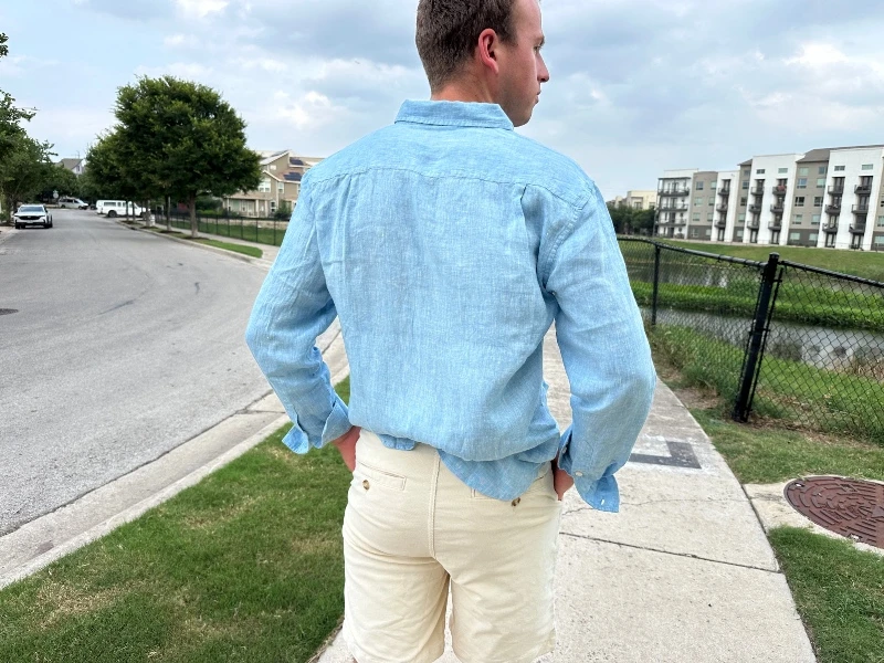 The Adult Man Madda Fella Blue Ernest Linen Shirt Behind 800