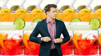 The Adult Man Cocktail Attire Model Wearing Blazer and Button Up Dress Shirt Over Cocktails