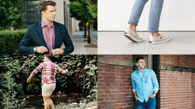 The Adult Man Spring Style Models Wearing Blue Shirts and Springy Patterns