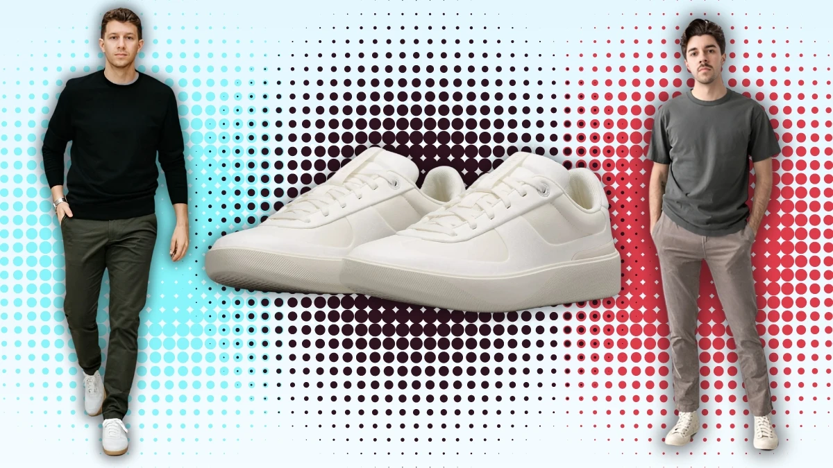 The Adult Man White Sneakers Outfit Models Wearing White Sneakers Over Sunburst Shapes