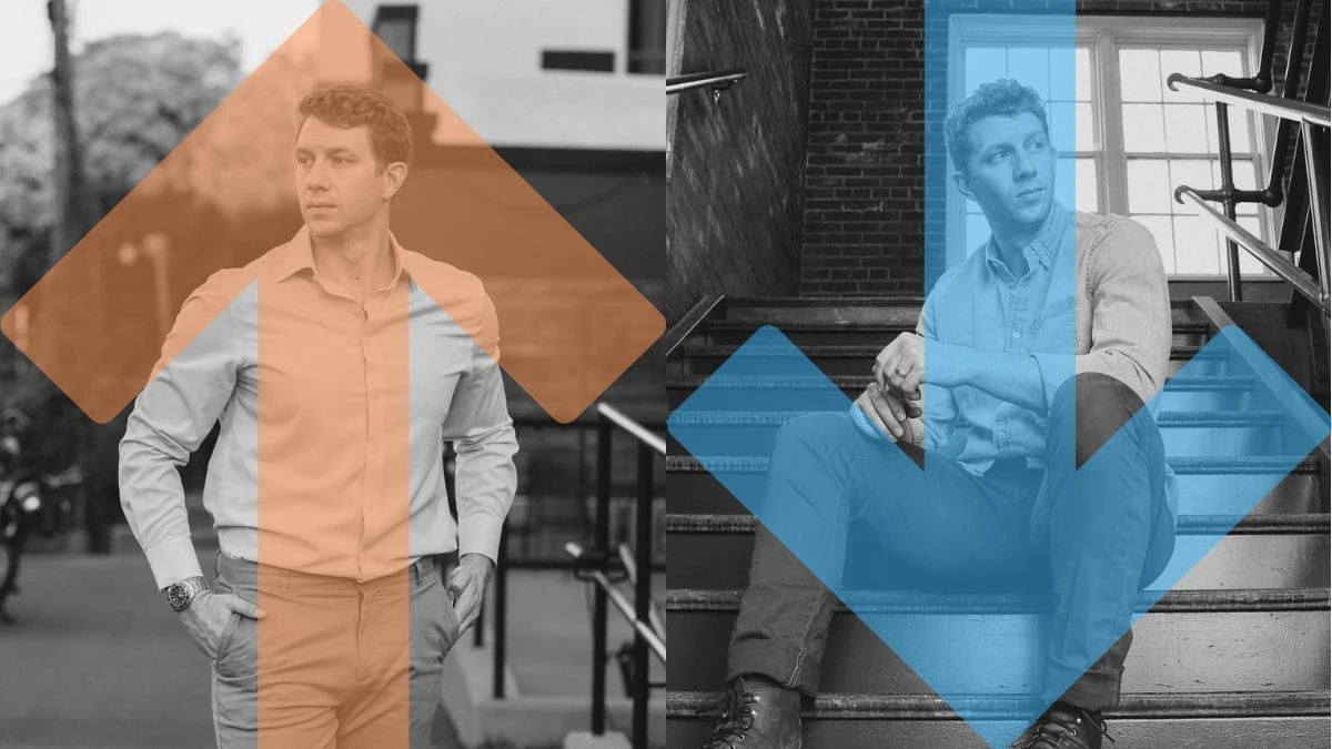 The Adult Man Button Up vs Button Down Model Wearing Button Up and Button Down WIth Colored Arrows