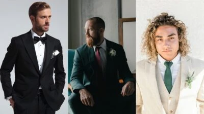 The Adult Man How to Dress For a Wedding Models Wearing a Tuxedo, a Suit, and a Summer Suit