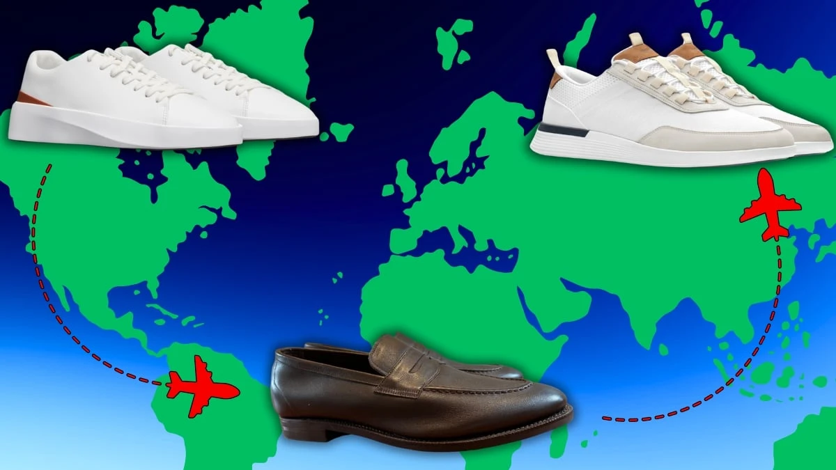 The Adult Man Three Best Shoes For Travel Shoes Over World Map With Planes